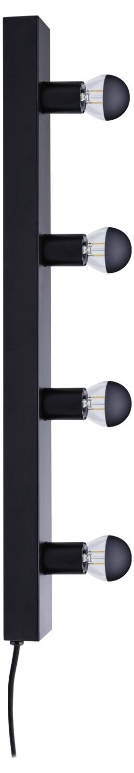 Černá nástěnná lampa se čtyřmi lampami směřujícími nahoru, rovnoměrně rozmístěnými podél vertikální tyče.