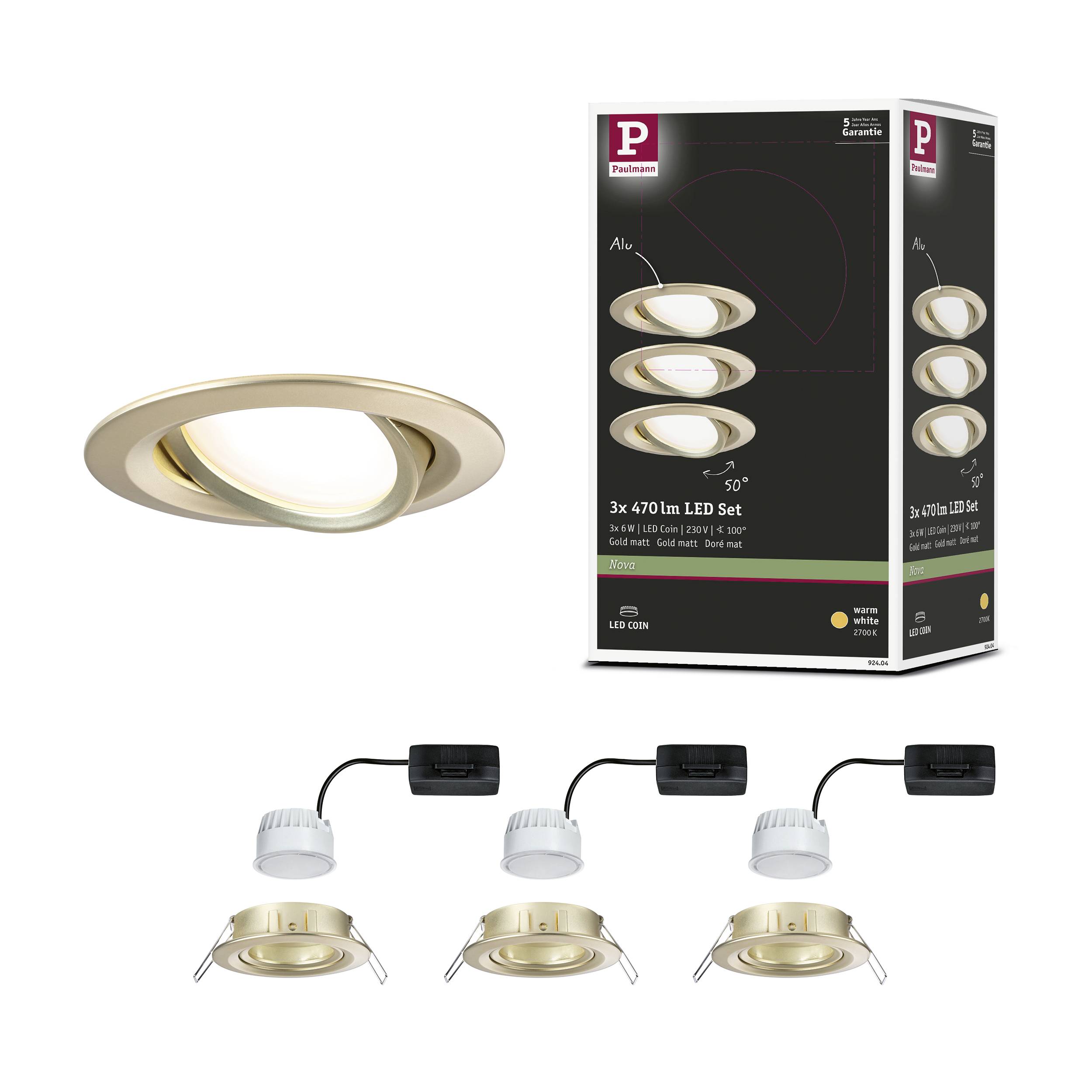 Produktová ilustrace sady 3 zlatých LED vestavných bodových svítidel od firmy Paulmann včetně originálního obalu. Třída energetické účinnosti F, 3x 470 lumenů.