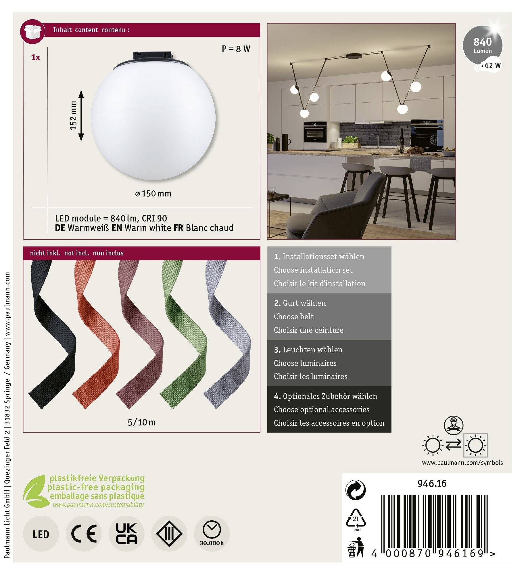 LED světlo o výkonu 8 W. Obrázek stolu s několika židlemi pod ním. Čtyři barevné pruhy reprezentují různé barevné možnosti.
