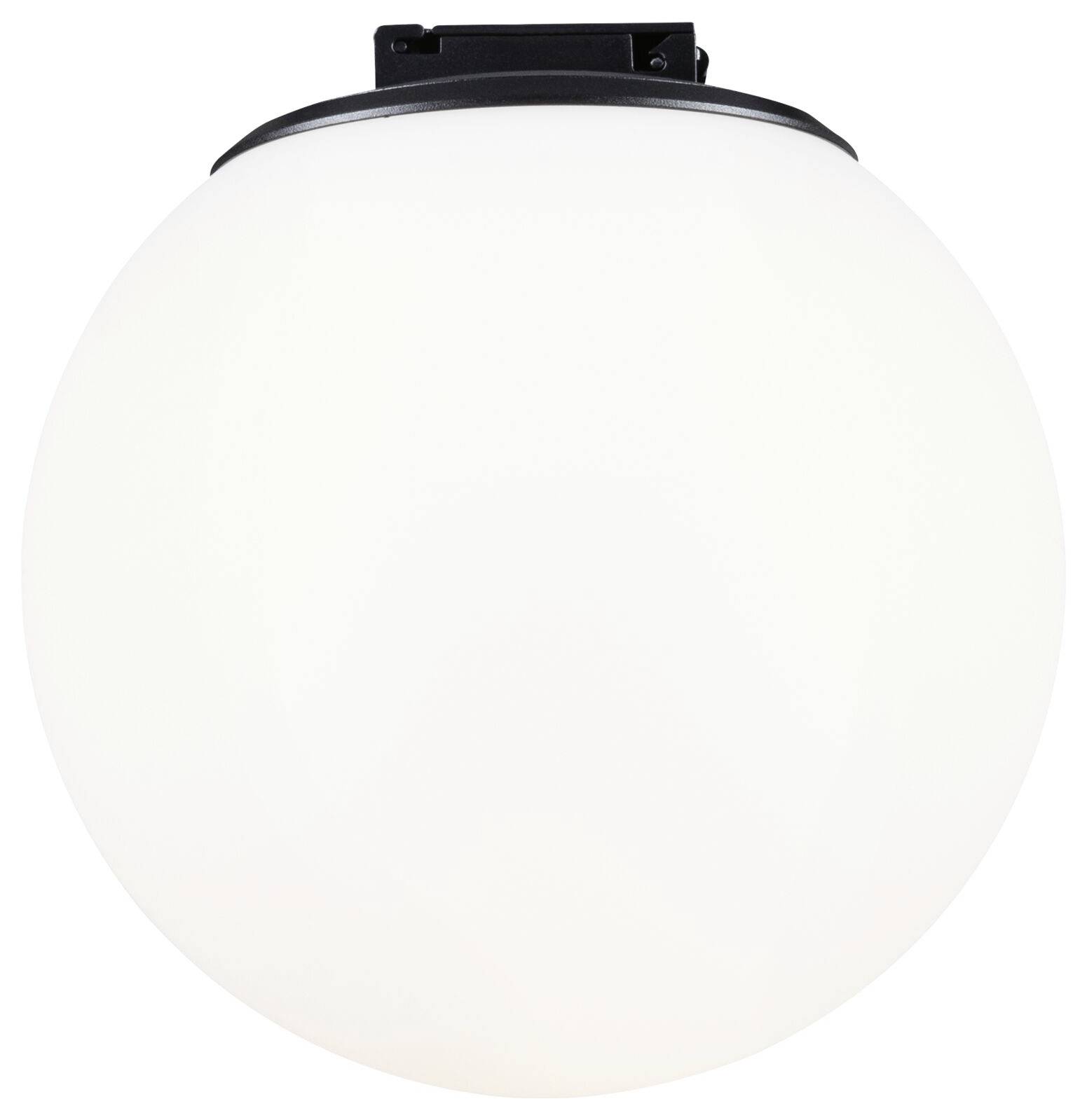 Kulatá, bílá stropní lampa ze skla s černou základnou. Ideální pro moderní interiéry.