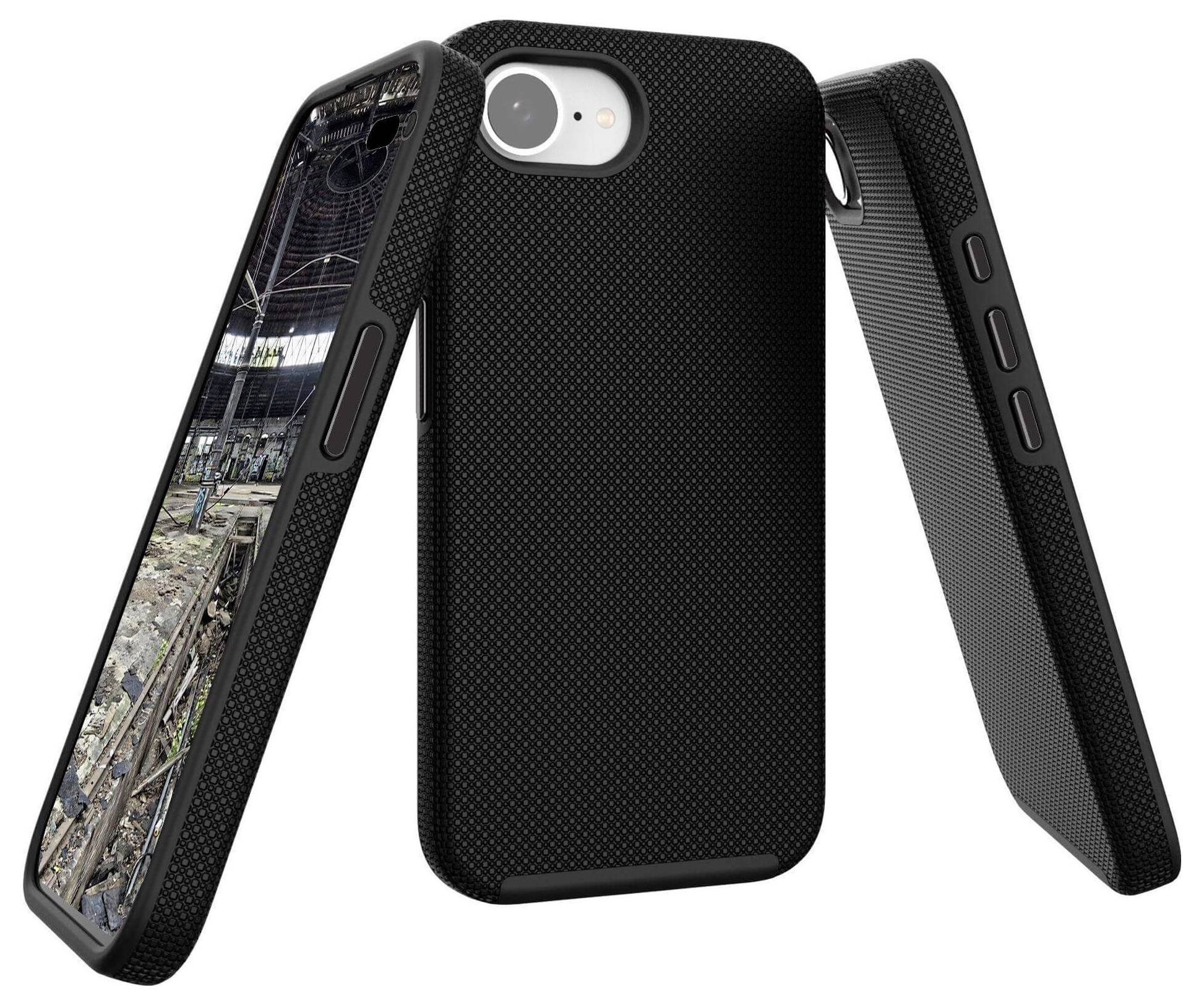 Tři černé obaly na smartphone s strukturovaným designem. Jeden z nich částečně odhaluje displej s obrazem opuštěné tovární haly.