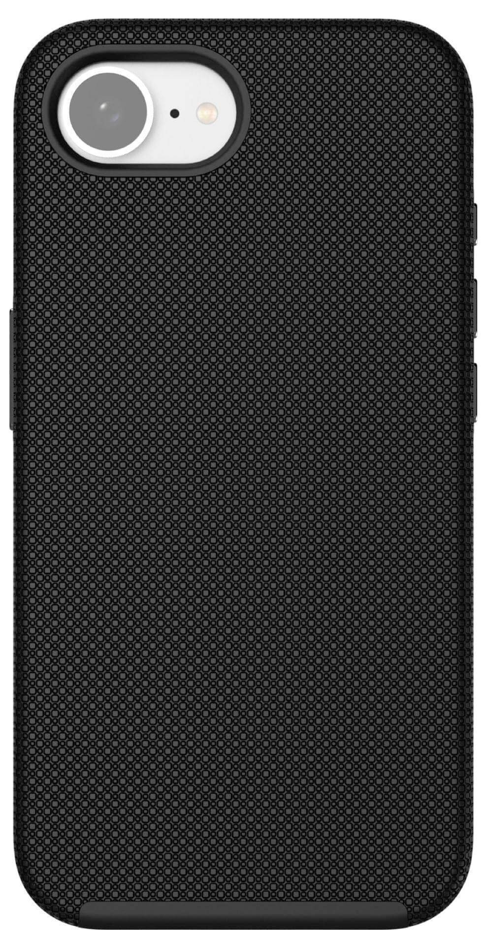 Černý strukturovaný kryt na mobil, kompatibilní s výřezem pro fotoaparát v levém horním rohu. Minimalistický design.