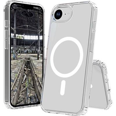 Průhledný mobilní kryt pro smartphone, zvýrazněna je kompatibilita s bezdrátovým nabíjením. Telefon zobrazuje fotografii opuštěné průmyslové haly.