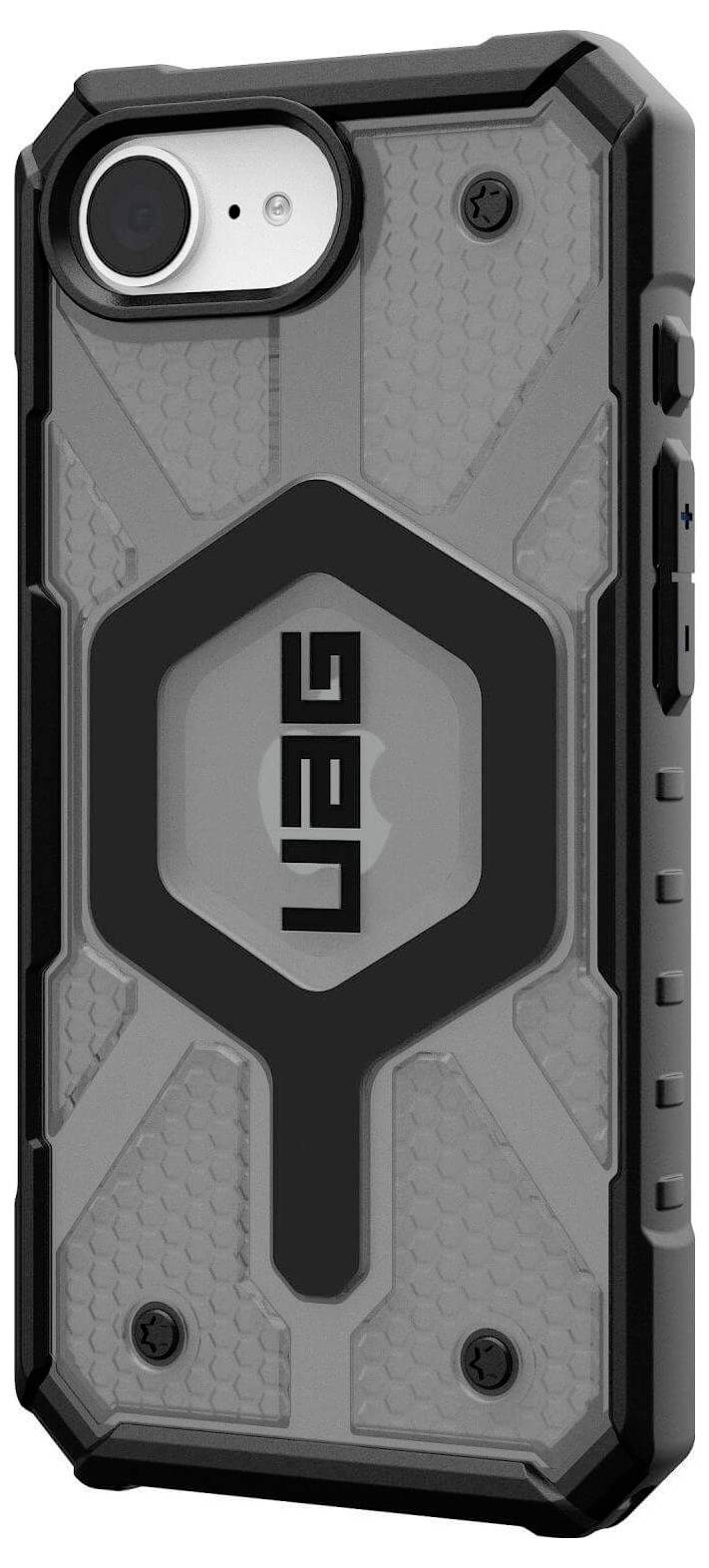 Mobilní telefon v robustním šedém ochranném krytu s nápisem 'UAG+'. Kryt má průmyslový design se zesílenými hranami.