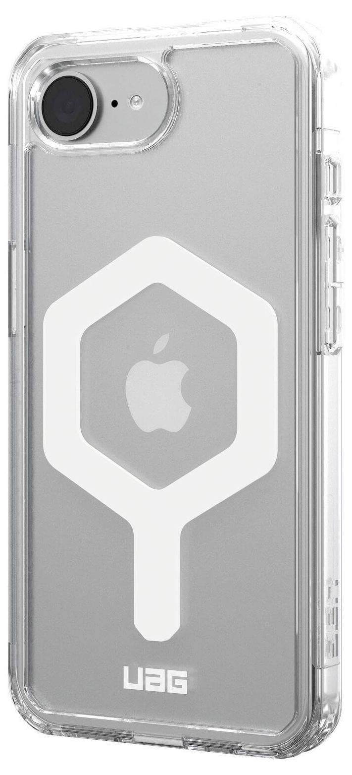 Průhledný mobilní kryt s hexagonálním vzorem a logem značky, kompatibilní s Apple iPhone.