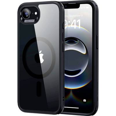 Dva iPhony v černém obalu s logem Apple, viditelné z přední i zadní strany, zobrazují čas na displeji.