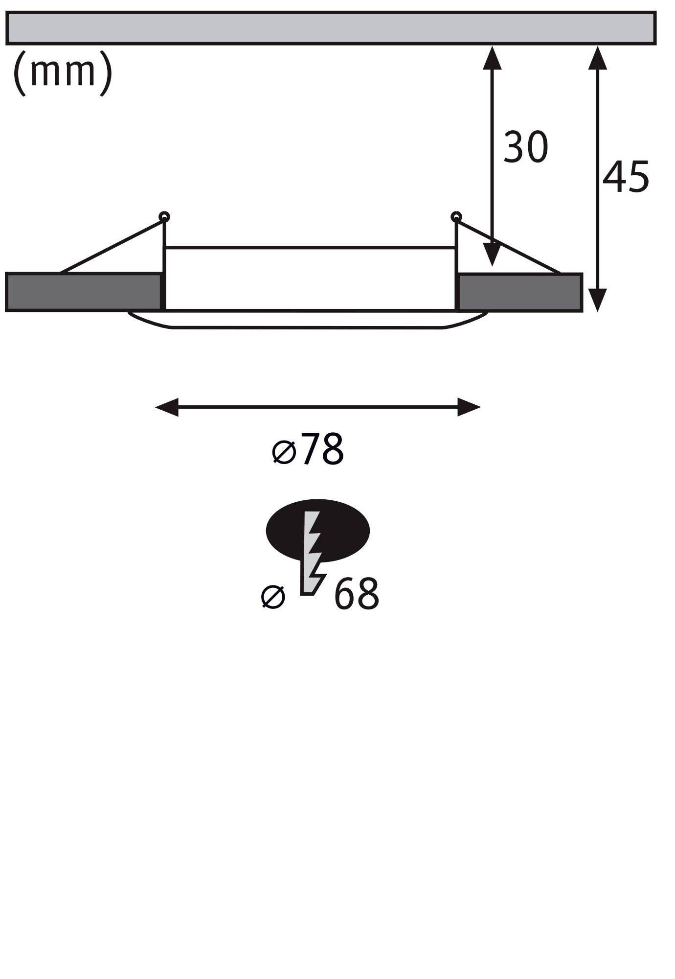 Diagram znázorňuje svítidlo o průměru 78 mm a vestavném průměru 68 mm. Výška: 45 mm, vestavná výška: 30 mm.