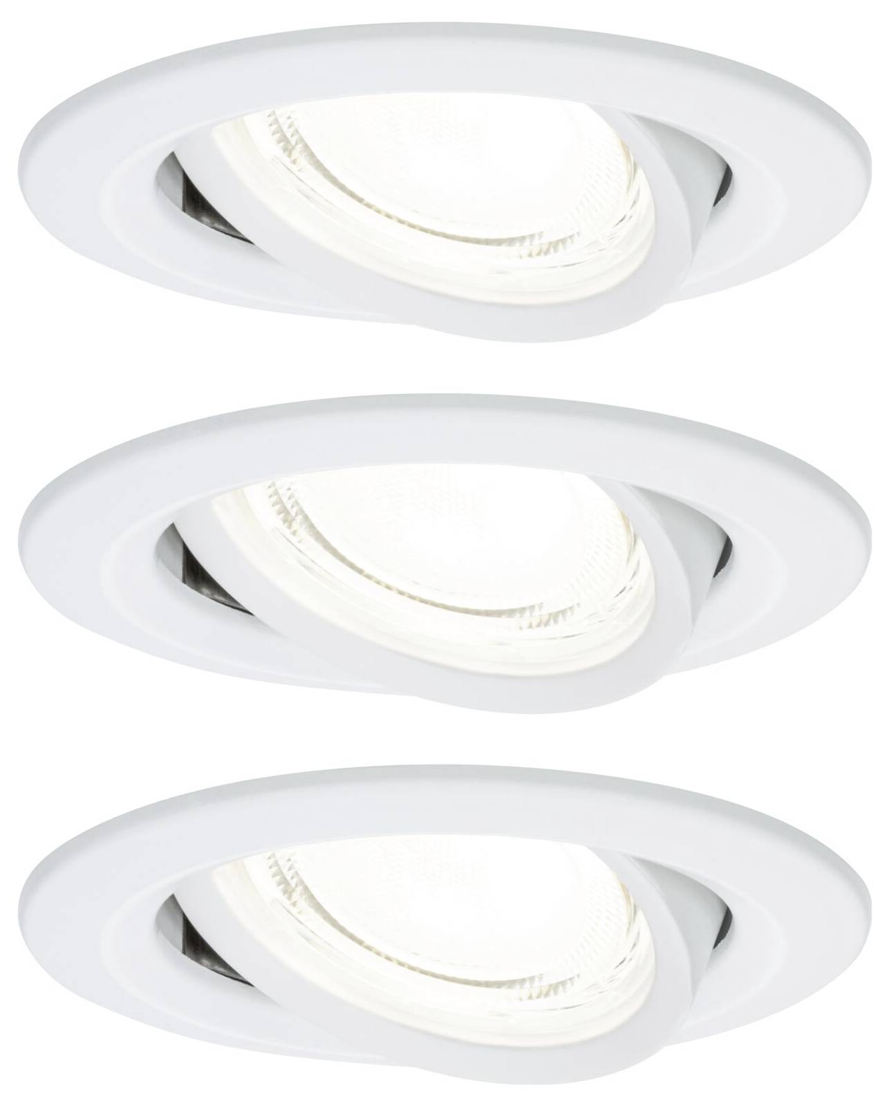 Tři nastavitelné bílé LED podhledové bodové reflektory v kulatém designu, uspořádané v jedné linii. Ideální pro akcentní osvětlení.