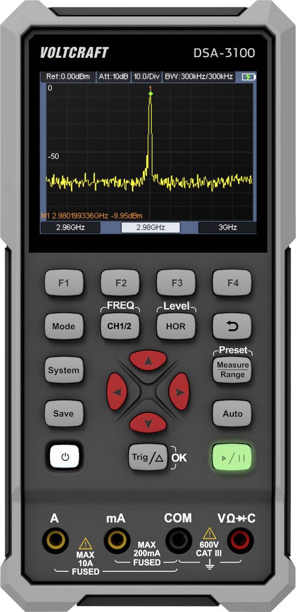 VOLTCRAFT DSA-3100 Ruční osciloskop 100 MHz, 2kanálový, 500 MSa/s, 8 kpts, 8 Bit, ruční provedení, funkce multimetru, spektrální analyzátor, 1 ks, VC-16968915