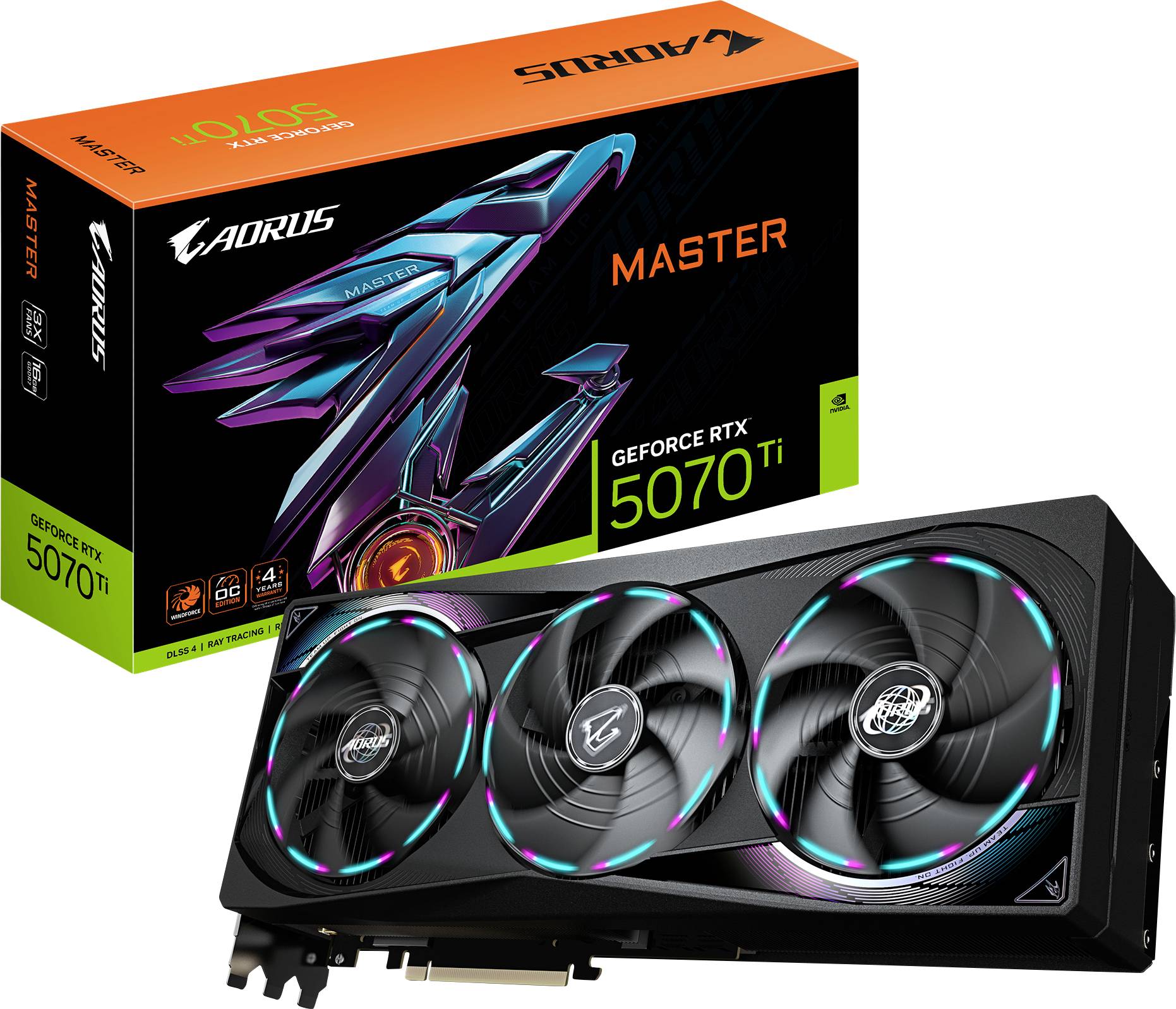 Před svým obalem je vidět grafická karta AORUS GeForce RTX 5070 Ti se třemi ventilátory, která zobrazuje název produktu.