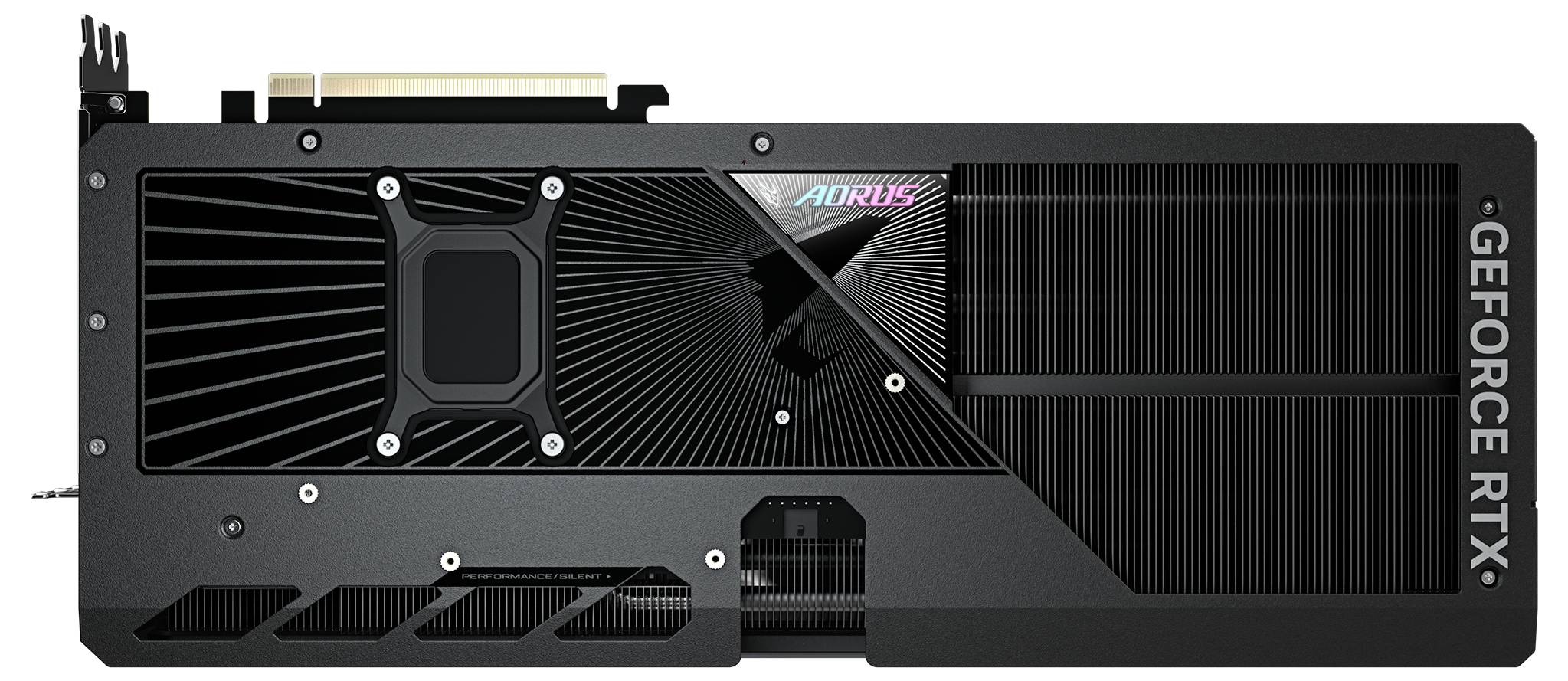 Grafická karta s černým krytem, potisk 'Aorus' a 'GEFORCE RTX', zobrazuje ventilátory a chladicí žebra.