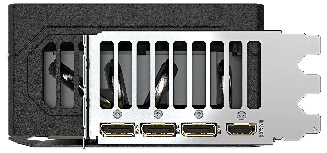 Grafická karta se čtyřmi HDMI porty na zadní straně. Je zobrazena horizontálně a porty jsou číslovány zleva doprava.