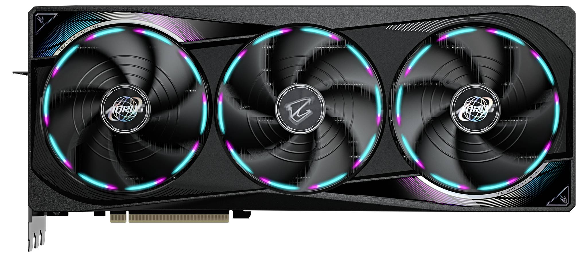 Grafická karta se třemi velkými ventilátory a LED osvětlením, černý design. Podporuje vysoce výkonné grafické zpracování.