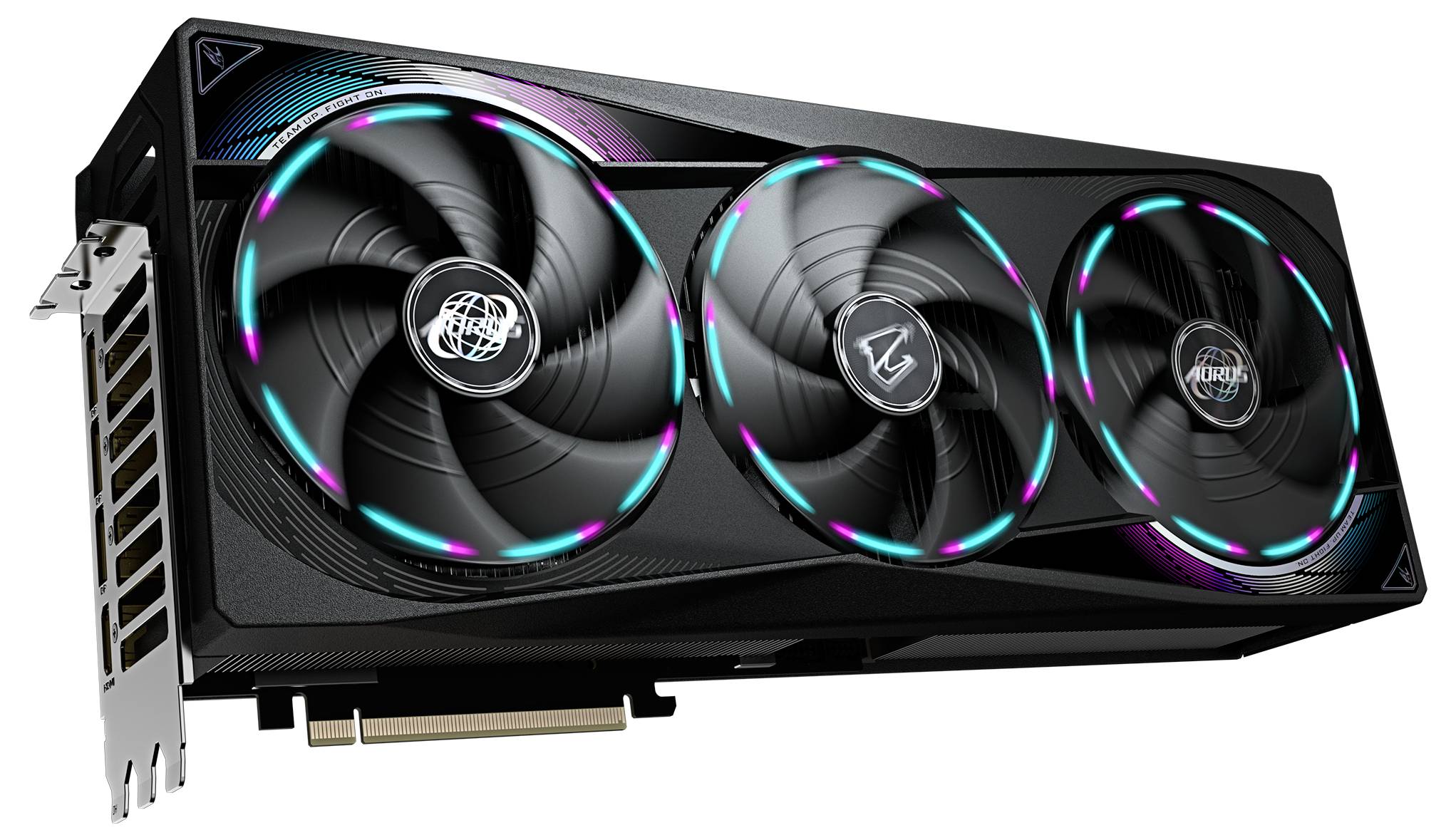 Černá grafická karta se třemi velkými ventilátory a RGB podsvícením. Karta má PCI Express slot pro připojení do počítačové skříně.