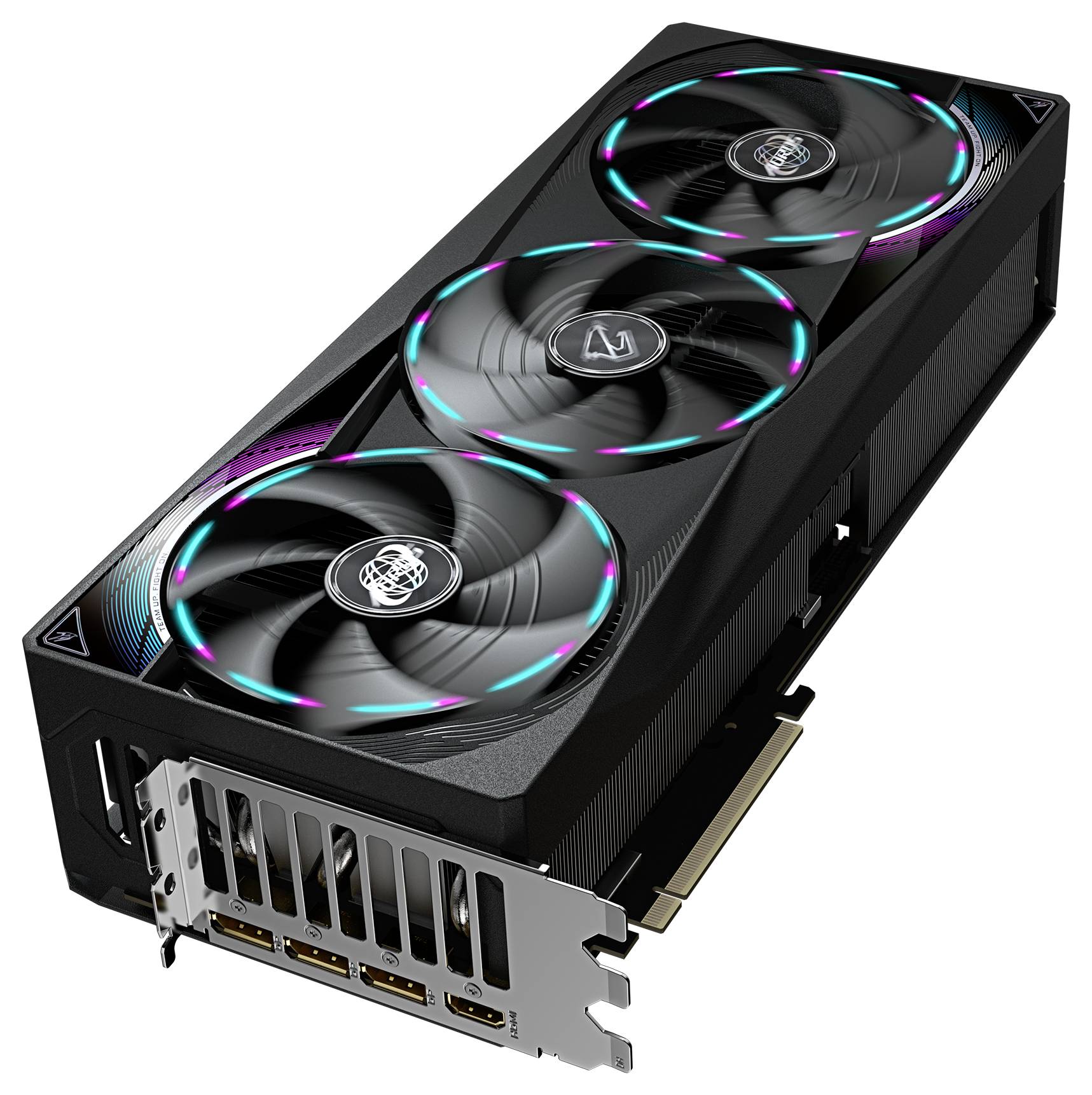 Grafická karta se třemi ventilátory, RGB podsvícením, černým kovovým krytem. Obsahuje konektory DisplayPort a HDMI.
