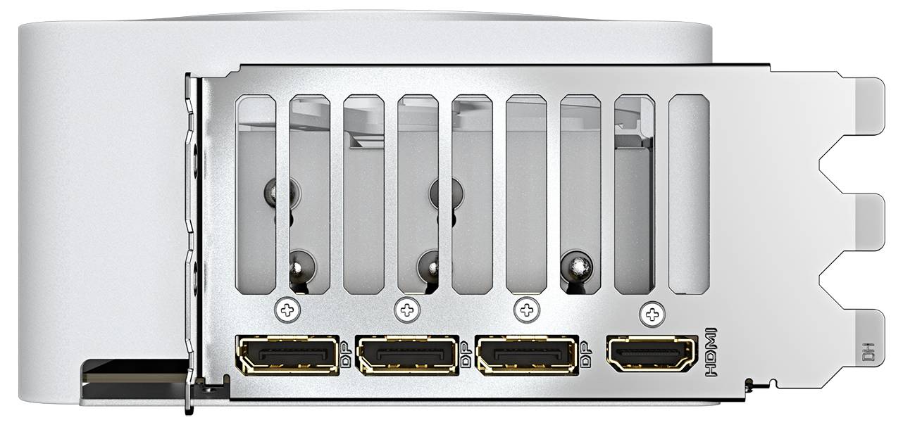 Počítačová skříň pohledem zezadu, otevřená, odhaluje několik PCIe slotů a dva HDMI porty v dolní části.