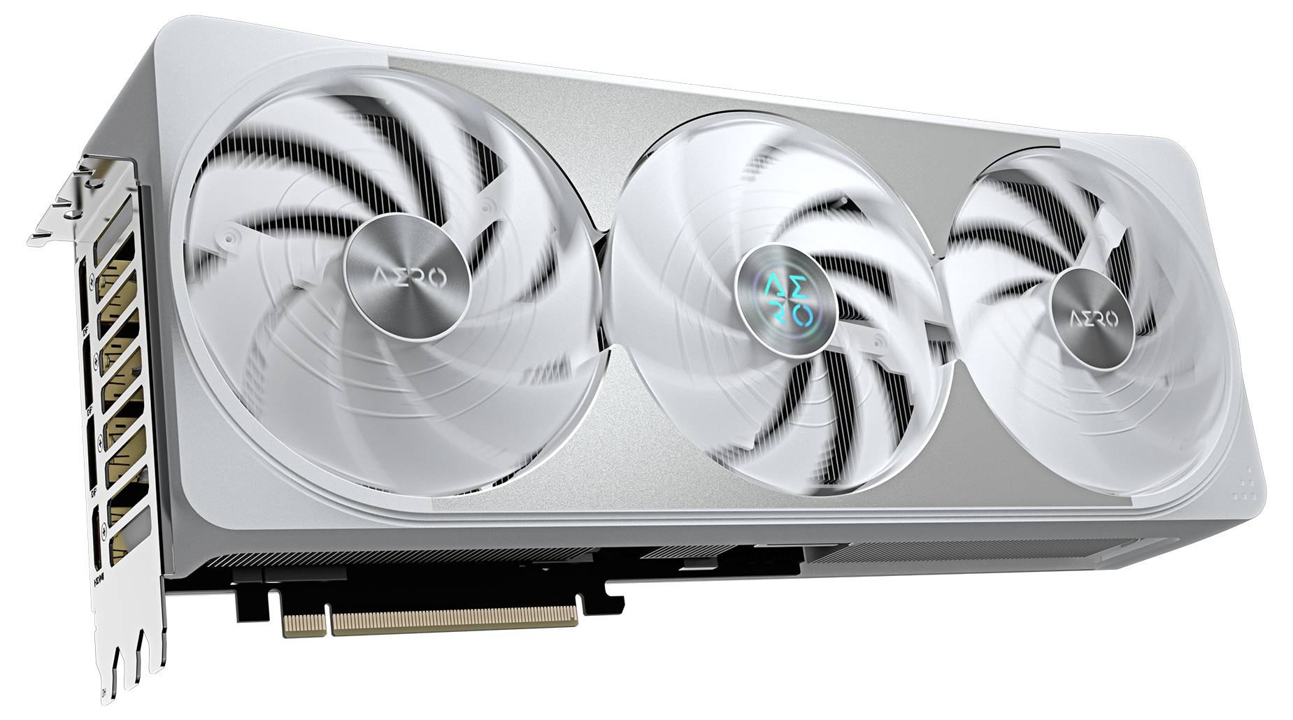 Bílá grafická karta se třemi velkými ventilátory a stříbrným tělem. Ideální pro výkonné počítačové aplikace.