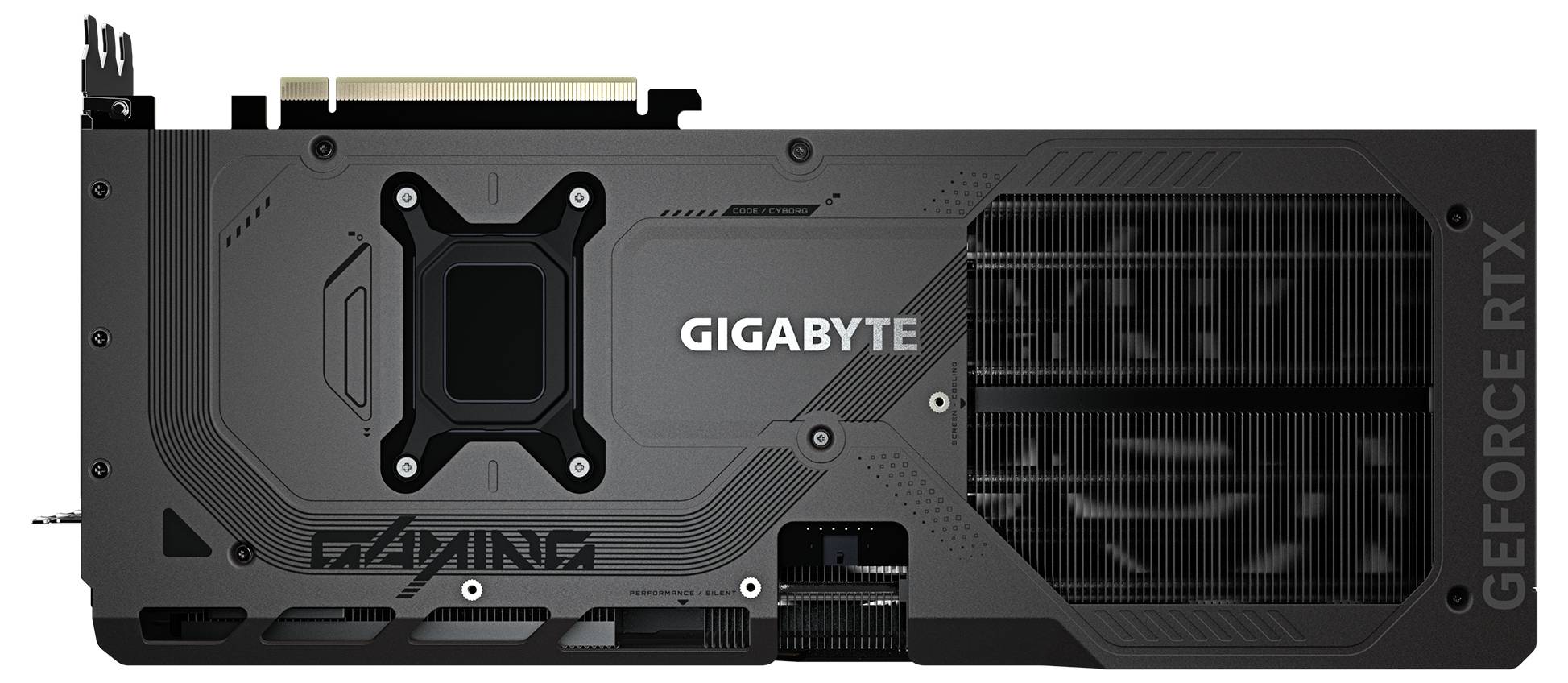 Grafická karta od Gigabyte, model GeForce RTX. Pohled zezadu ukazuje oblast ventilátorů a konektory vpravo, název značky uprostřed.