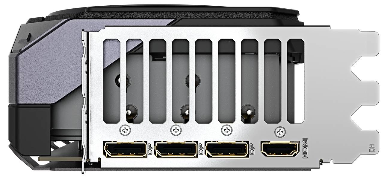 Zadní strana grafické karty se čtyřmi HDMI porty, vhodná pro připojení monitorů nebo jiných zobrazovacích zařízení.