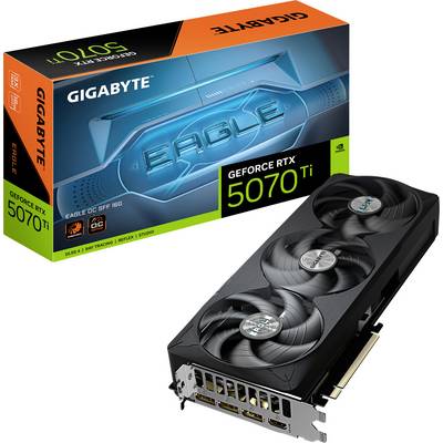 Grafická karta Gigabyte GeForce RTX 5070 Ti se třemi ventilátory, zobrazená vedle své krabice. Obal zdůrazňuje řadu 'Eagle' a výkonnostní parametry.