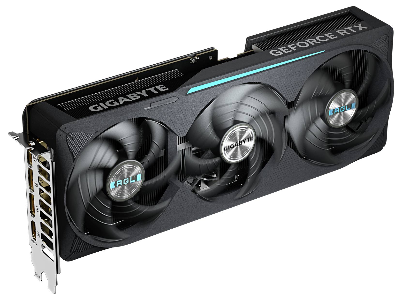 Černá grafická karta značky Gigabyte se třemi ventilátory a označením modelu 'GeForce RTX', pohled z bočního úhlu.