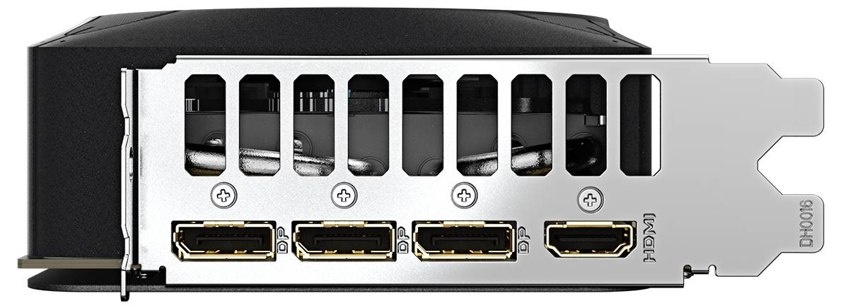 Zadní pohled na grafickou kartu se čtyřmi HDMI porty a větrací mřížkou.