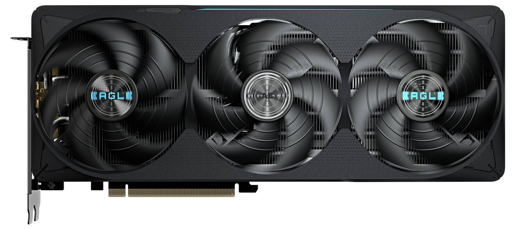 Grafická karta se třemi velkými ventilátory pro chlazení a logem EAGLE uprostřed ventilátorů.