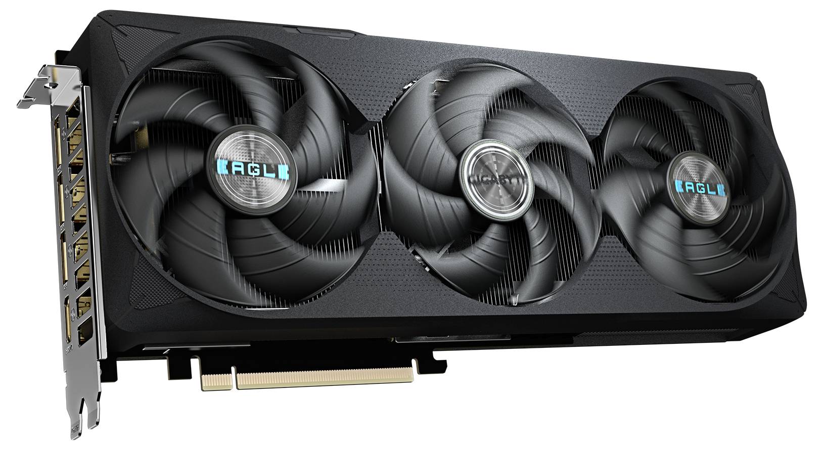Grafická karta se třemi ventilátory a několika konektory, navržená pro výkonné grafické a herní aplikace.