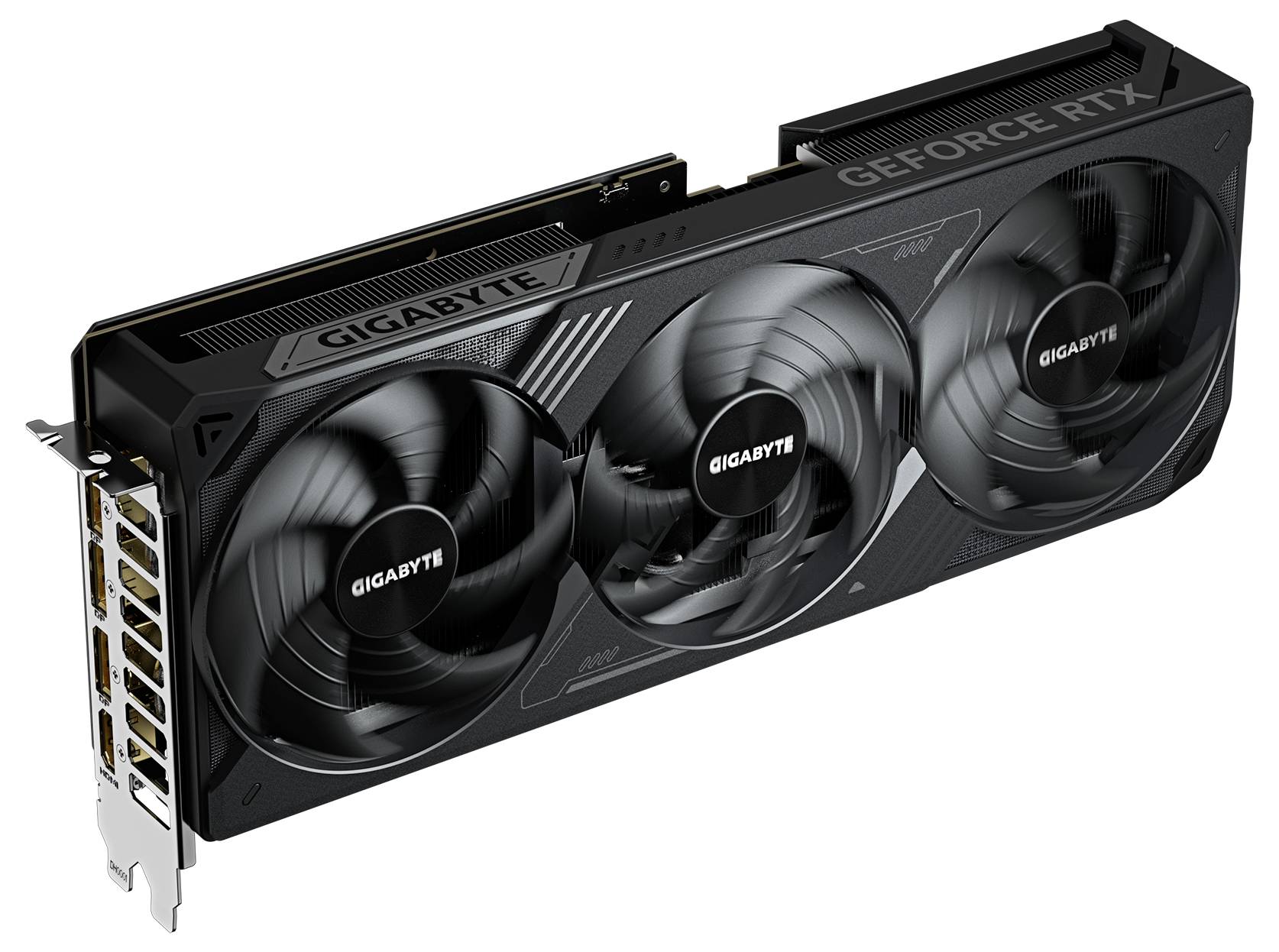Grafická karta Gigabyte s třemi ventilátory, model 'GeForce RTX', ukazuje design s černými akcenty a robustním tělem.