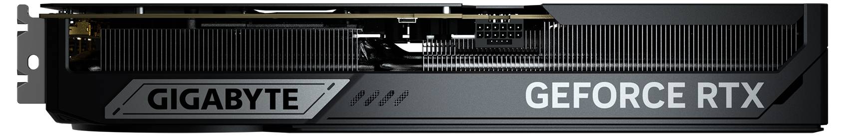 Grafická karta od Gigabyte, model GeForce RTX. Boční pohled ukazuje ventilátory a chladicí žebra. Určena pro výkonné grafické zpracování.