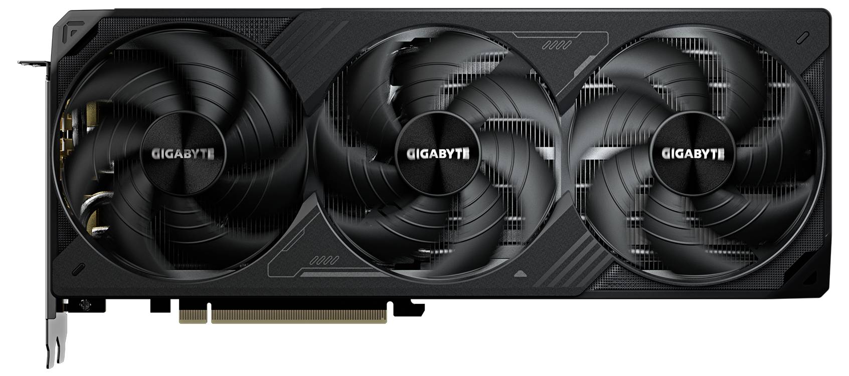 Černá grafická karta se třemi velkými ventilátory, na každém krytu ventilátoru je nápis 'GIGABYTE'.
