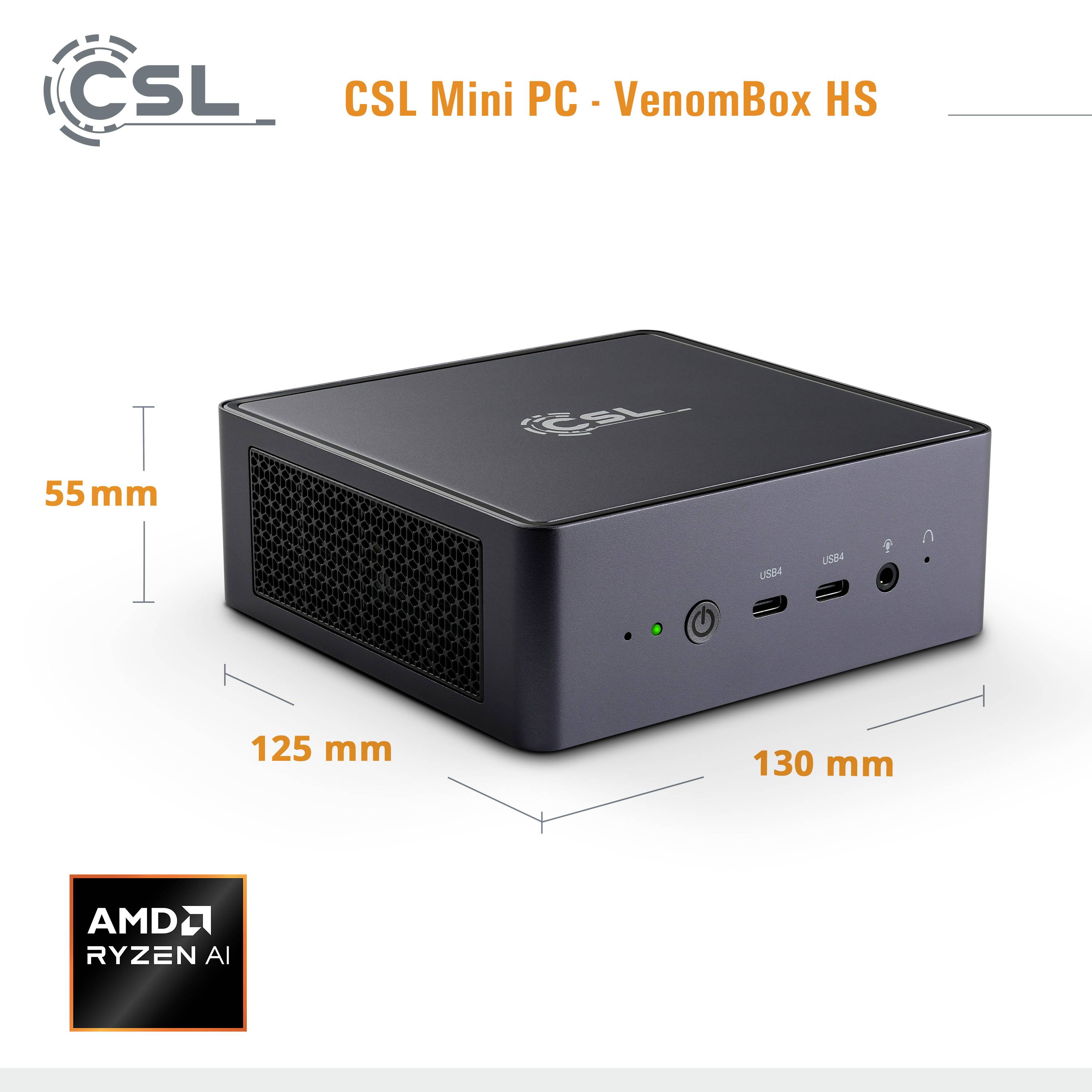 Mini PC CSL - VenomBox HS s procesorem AMD Ryzen AI, rozměry: 55 mm výška, 125 mm šířka, 130 mm hloubka. Přední strana: konektory a LED indikátor.