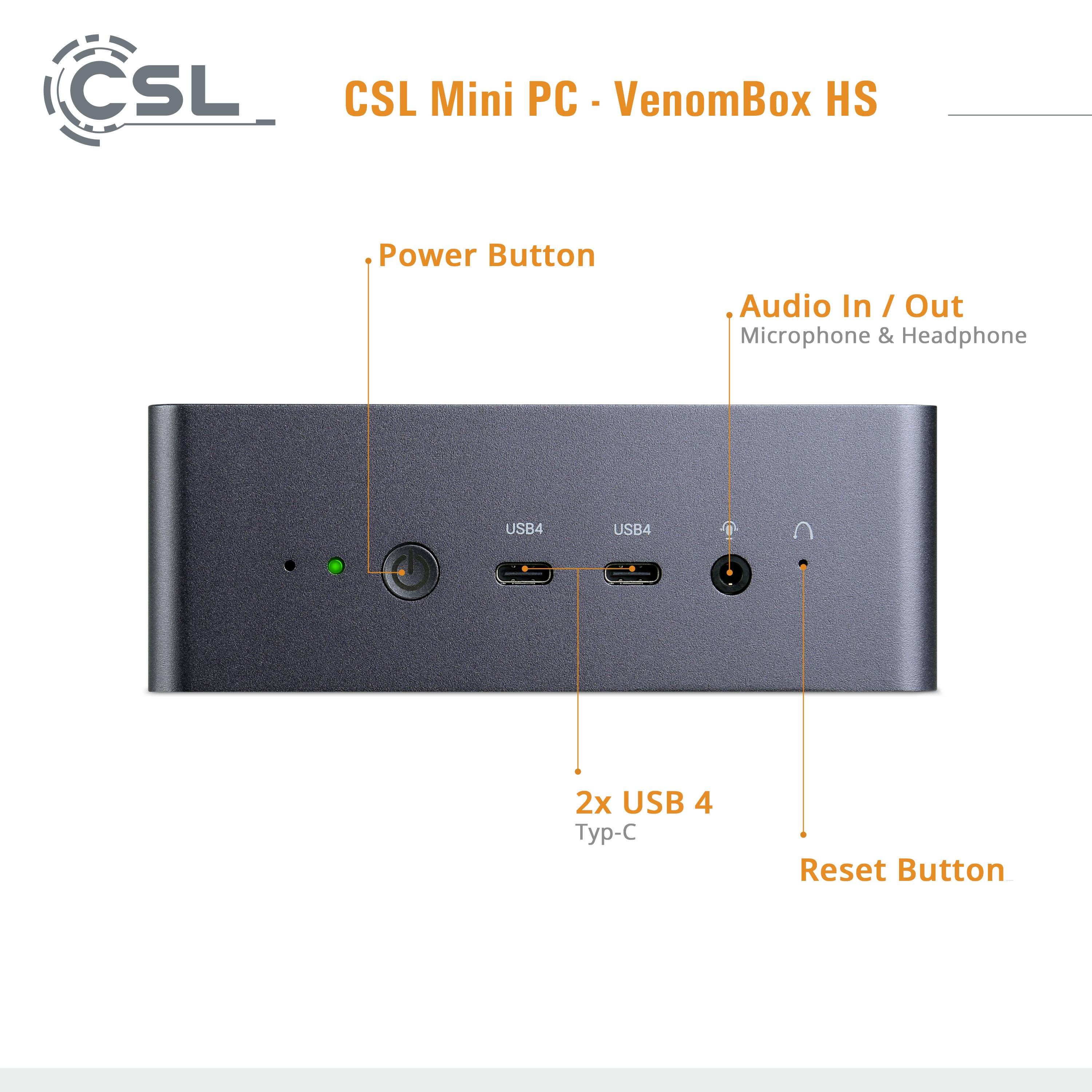 Kompaktní mini počítač se dvěma USB 4 porty, audio/sluchátkovou zdířkou, tlačítkem napájení a tlačítkem reset. Nahoře název značky a model.