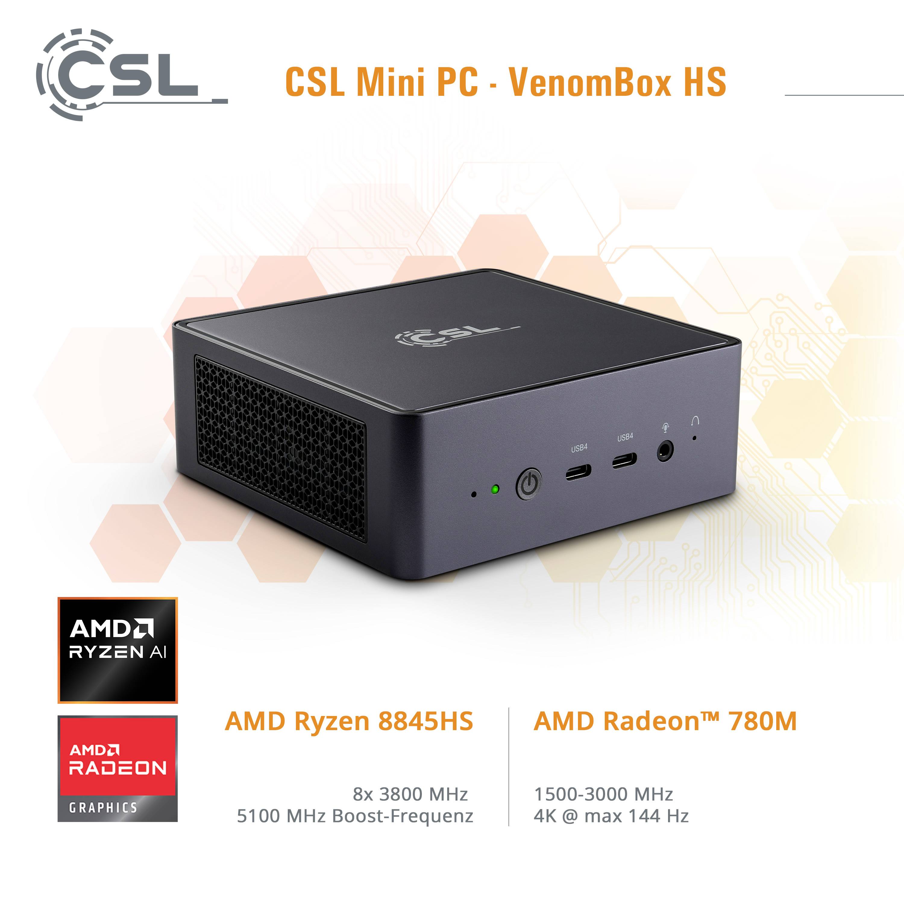 CSL Mini PC - VenomBox HS je propagován s procesorem AMD Ryzen 9 8845HS a grafikou AMD Radeon 780M. Počítač nabízí 8x 3800 MHz, boost až 5100 MHz a rozlišení 4K při 144 Hz.