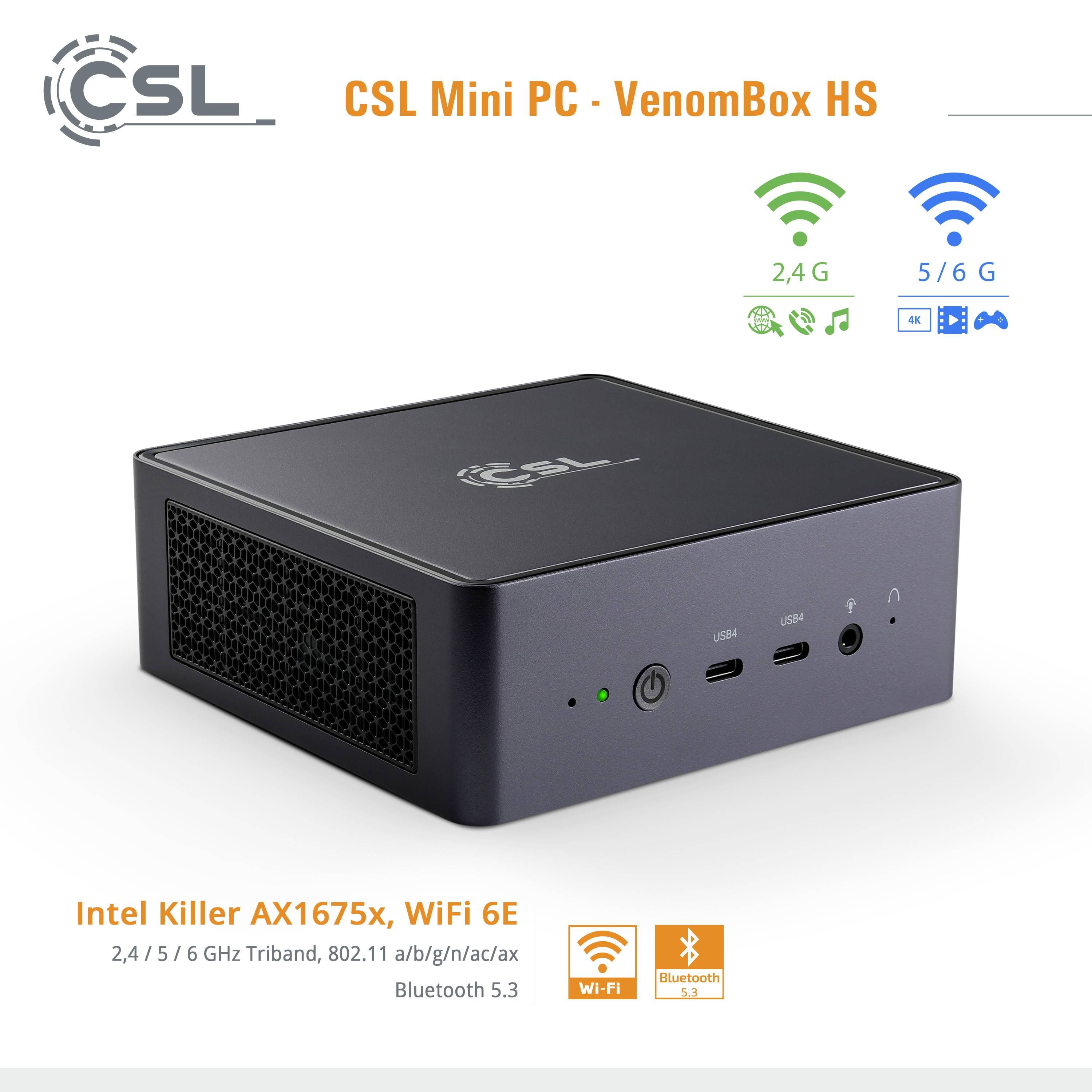 Mini-PC od CSL s Intel Killer AX1675x WiFi 6E, třípásmový 2,4/5/6 GHz, Bluetooth 5.3 a předními konektory.