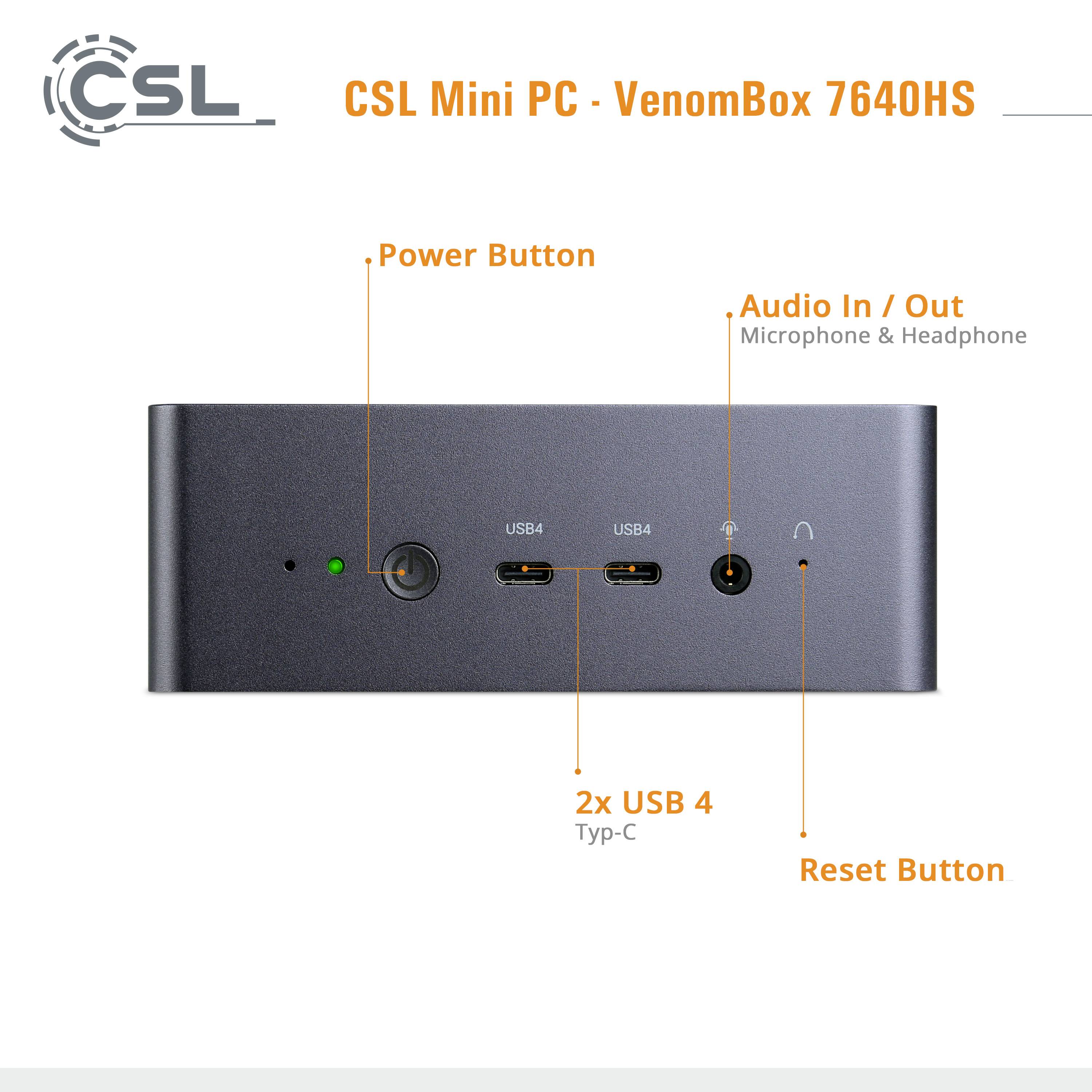 Kompaktní černošedý mini počítač s označením 'CSL Mini PC - VenomBox 7640HS' zobrazuje konektory a tlačítka na přední straně.