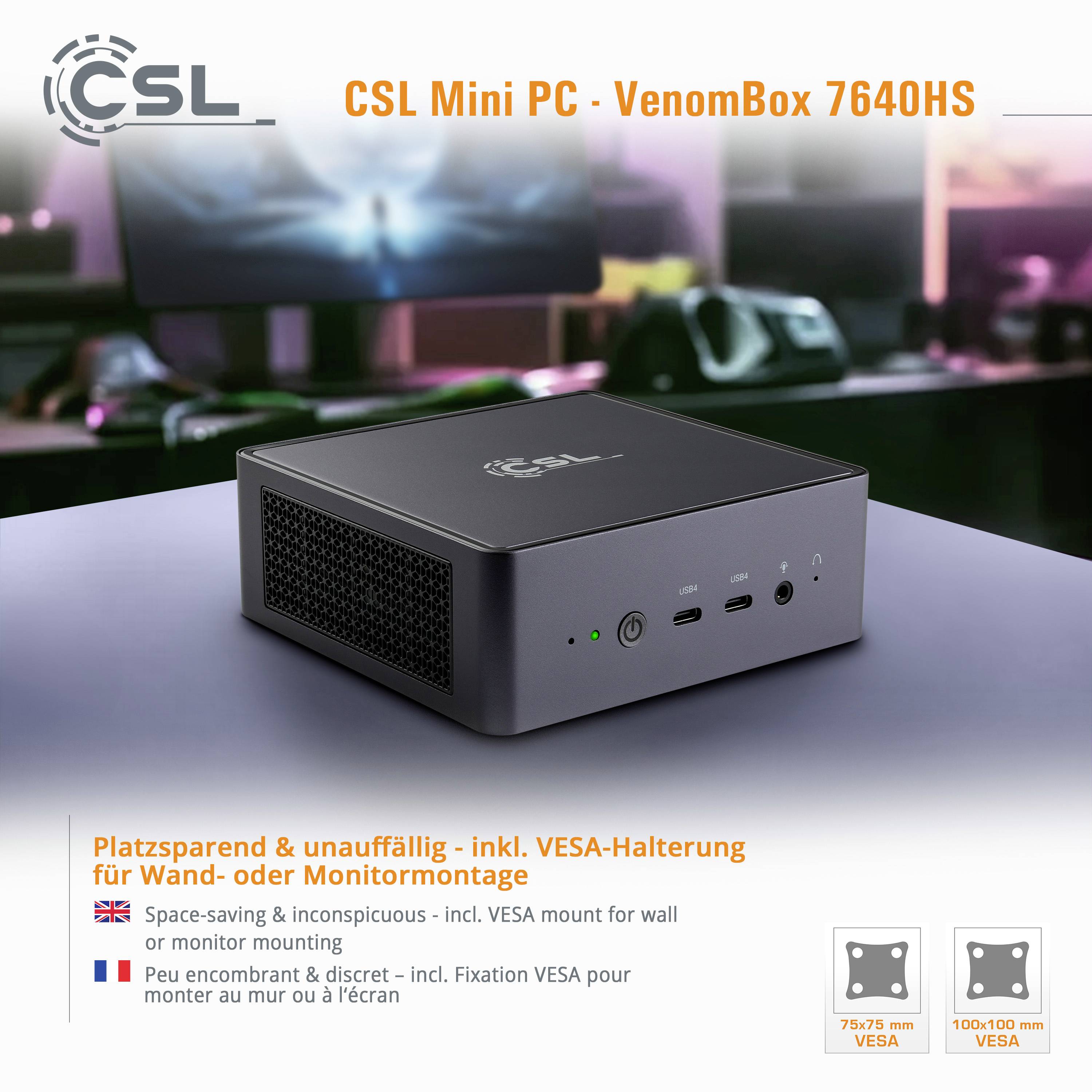 Kompaktní černý mini počítač s konektory na přední straně. Text: 'CSL Mini PC - VenomBox 7640HS', včetně VESA úchytu.