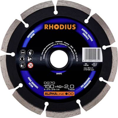 Diamantový řezný kotouč RHODIUS o průměru 150 mm, model DG70, vhodný pro beton a žulu, univerzálně použitelný, v modré obalu.