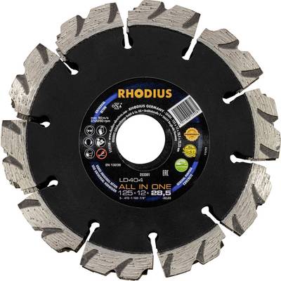 Černý pilový list Rhodius, stříbrné zuby, model 'LD40', průměr 125 mm, pro stavební aplikace.