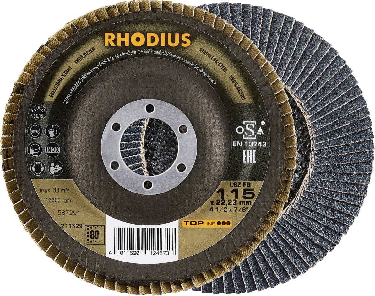 'Lamelový kotouč Rhodius o průměru 115 mm, vhodný pro obrábění kovů, max. 13 300 ot./min, zrnitost 80.'