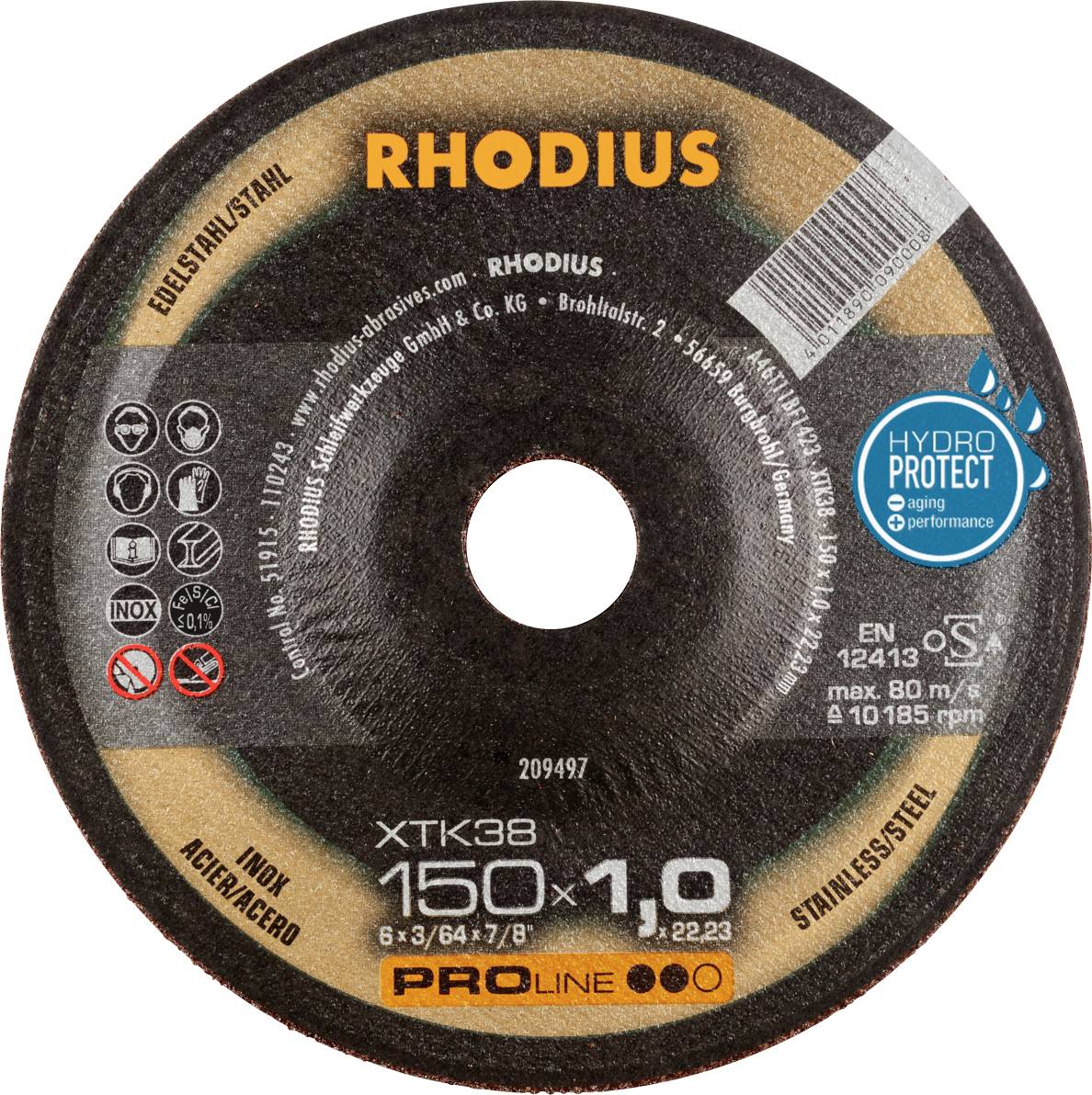 Řezný kotouč 'RHODIUS XTK38' o průměru 150 mm, tloušťce 1 mm, vhodný pro nerezovou ocel. Obsahuje bezpečnostní a aplikační pokyny.