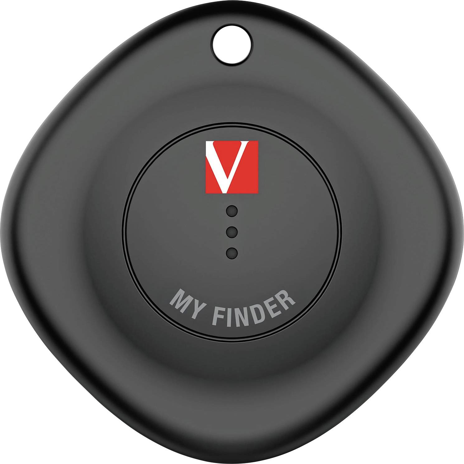 Černý přívěsek na klíče s nápisem 'MY FINDER' a červeným logem nahoře. Používá se k lokalizaci předmětů.