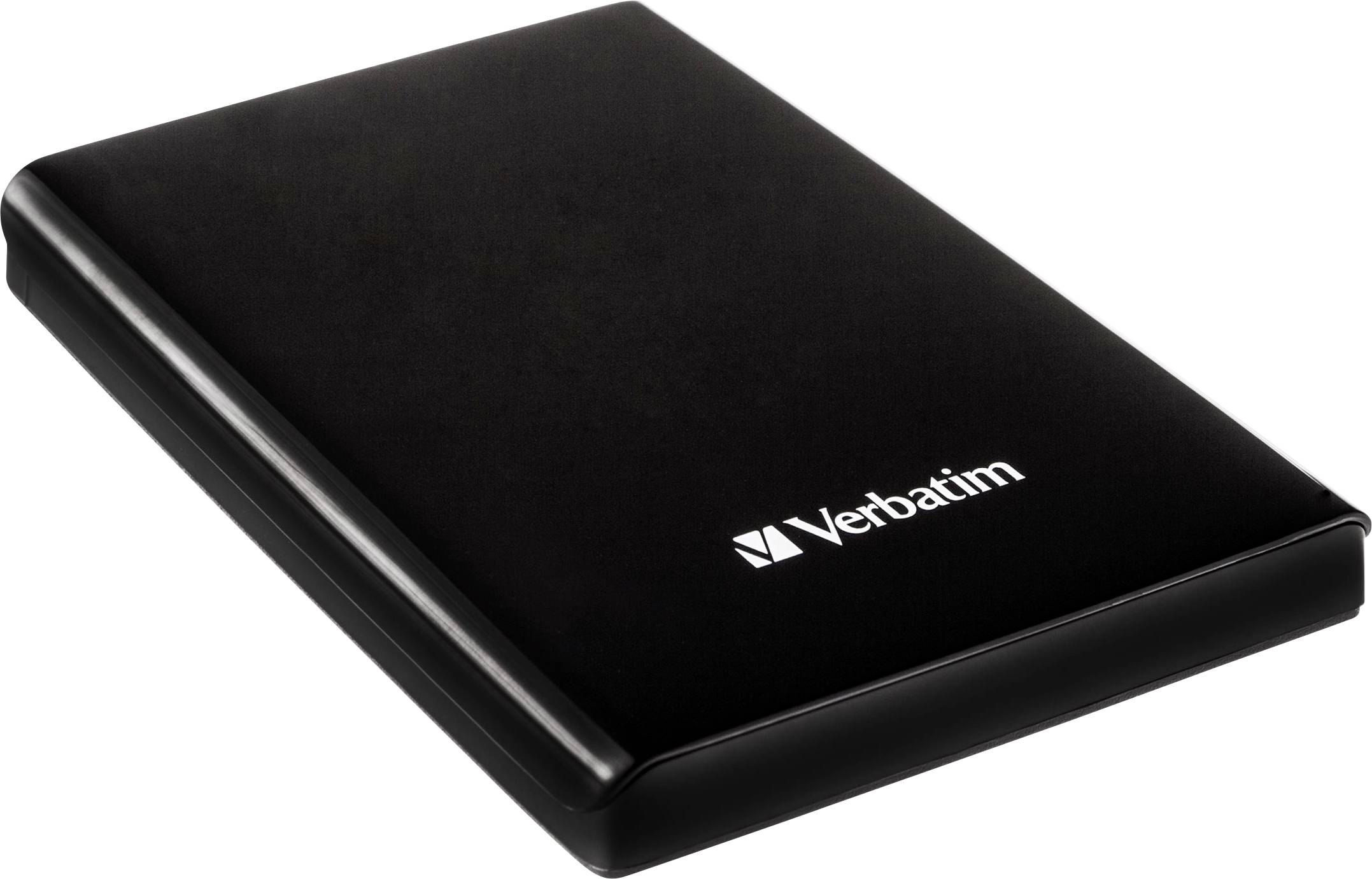 Externí, černý pevný disk značky Verbatim, plochý a obdélníkový, vhodný pro ukládání dat.