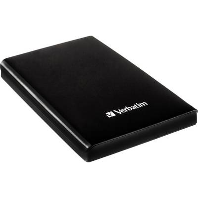 Černý externí pevný disk značky Verbatim. Elegantní, kompaktní design vhodný pro ukládání a přenos dat.