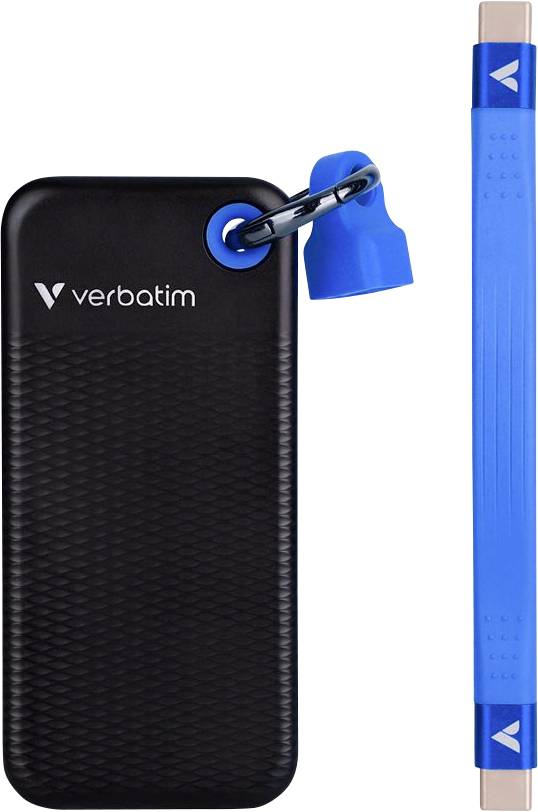 Externí SSD od Verbatimu s USB připojením, černý kryt, odnímatelný modrý uzávěr, vhodný pro ukládání dat.