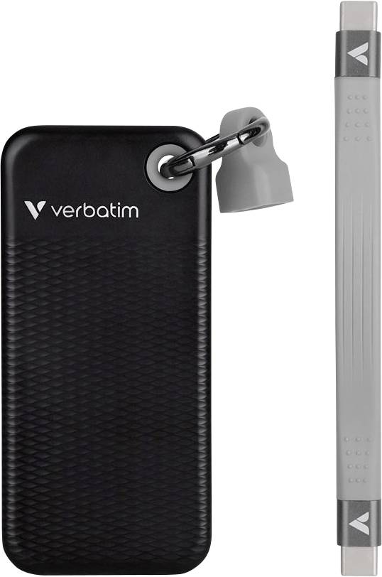 Externí černý pevný disk od Verbatimu s šedým silikonovým krytem a konektorem USB-C, vhodný pro ukládání a přenos dat.