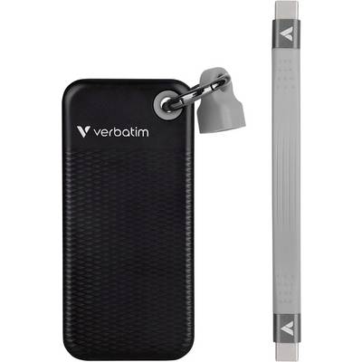 Externí černý pevný disk od Verbatimu s šedým silikonovým krytem a konektorem USB-C, vhodný pro ukládání a přenos dat.