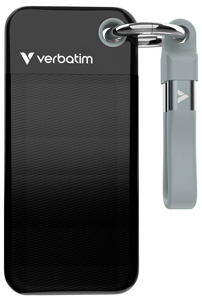 Externí SSD disk Verbatim v černé barvě s klíčenkou a šedým páskem, vhodný pro bezpečné ukládání dat při cestování.
