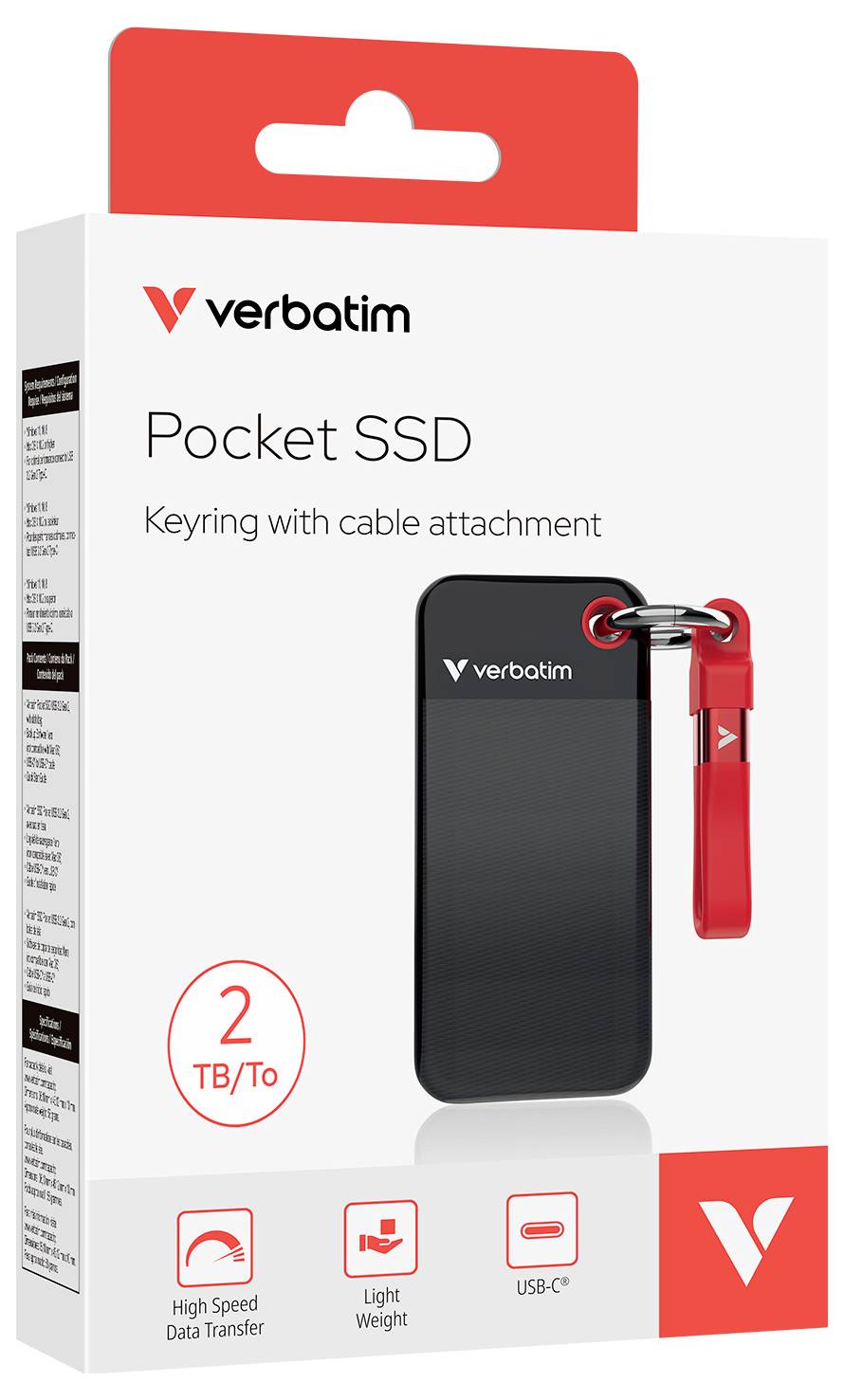 Balení Verbatim Pocket SSD o kapacitě 2 TB, obsahující přívěsek na klíče a červený kabelový prvek. Poznámky k rychlému přenosu dat a kompatibilitě s USB-C.