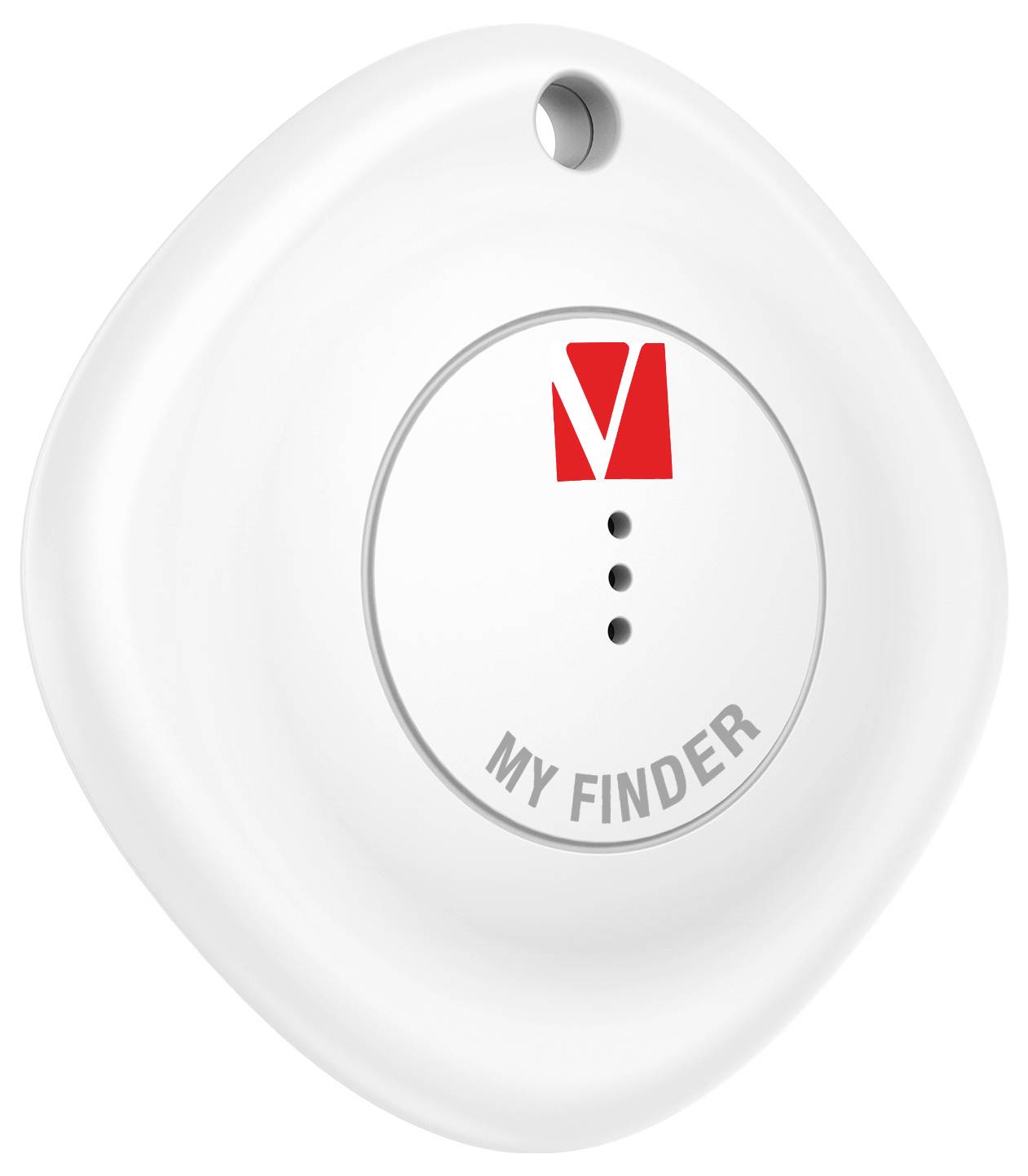 Bílý čtvercový GPS tracker se zaoblenými rohy a červeným symbolem nahoře. Na spodním okraji je vytištěno 'MY FINDER'.
